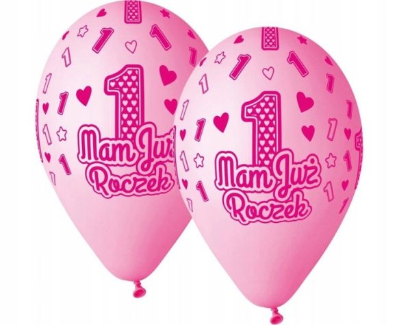 BALONY LATEKSOWE MAM JUŻ ROCZEK RÓŻOWE 1 URODZINY Z NADRUKIEM HEL 33CM 5SZT - Image 2