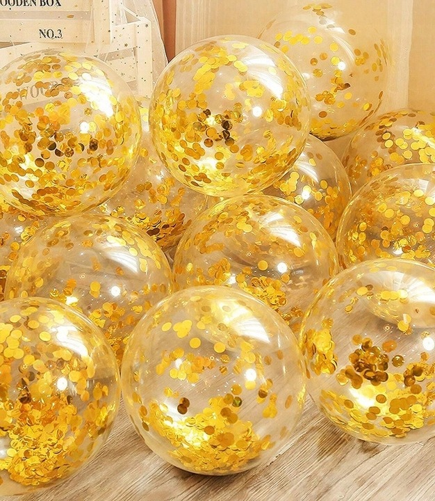BALONY PRZEZROCZYSTE ZŁOTE Z KONFETTI URODZINY IMPREZA ROCZEK WESELE 10SZT - obrazek 2
