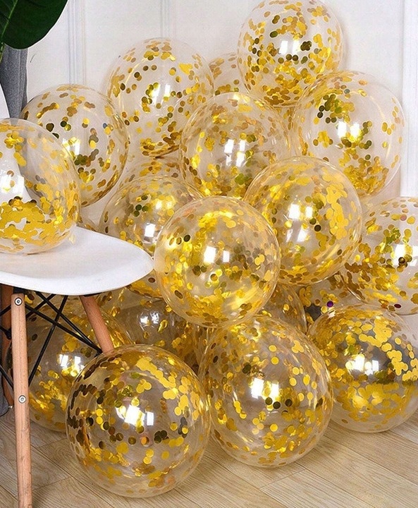 BALONY PRZEZROCZYSTE ZŁOTE Z KONFETTI URODZINY IMPREZA ROCZEK WESELE 10SZT - obrazek 5