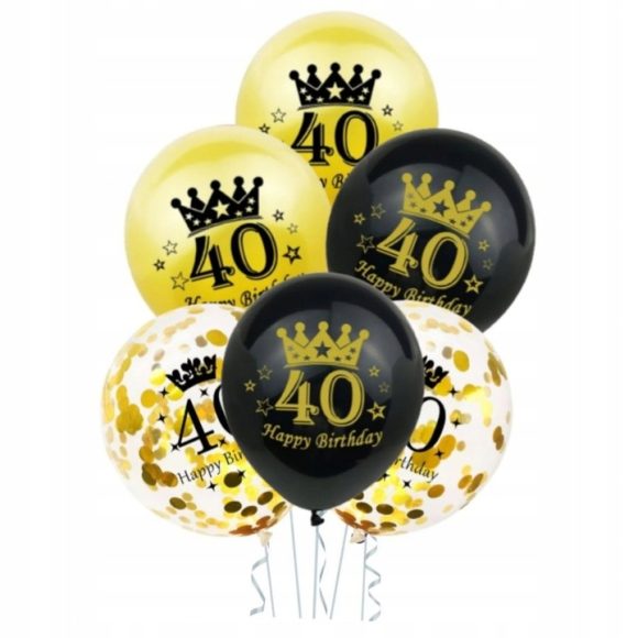 Balony Urodzinowe na 40 Urodziny Dekoracje ZŁOTE CZARNE z KONFETTI 6 szt.