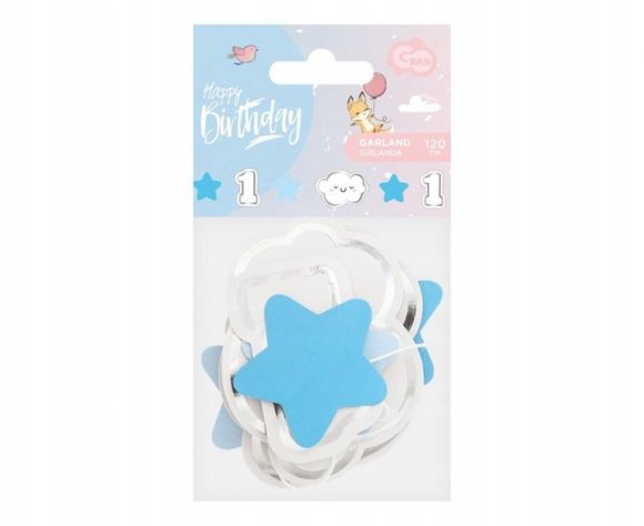 GIRLANDA PAPIEROWA MINI ROCZEK NIEBIESKA CHMURKI URODZINY DEKORACJA 120CM - obrazek 2