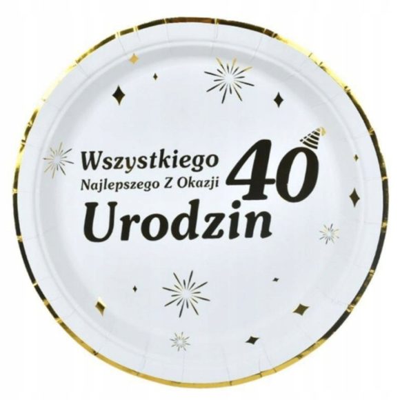 Talerzyki Papierowe na 40 Urodziny BIAŁE Wszystkiego Najlepszego 8 szt.