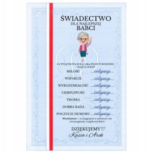 Świadectwo w ANTYRAMIE Prezent dla Babci PERSONALIZOWANY Zabawny Nadruk