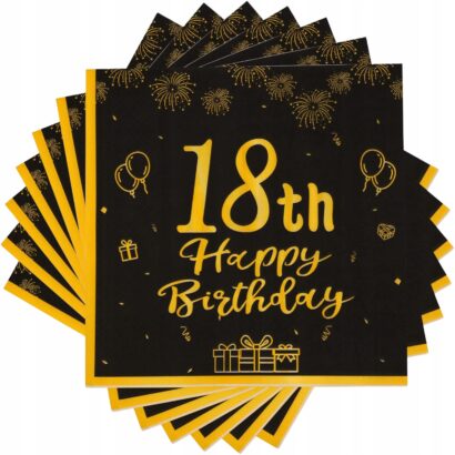 Serwetki Papierowe na 18 Urodziny CZARNE ZŁOTE Napisy Dekoracje Ozdoby Stół