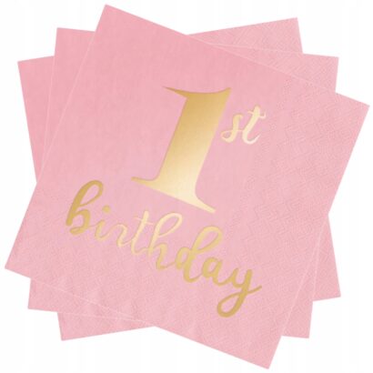 Serwetki Papierowe na Roczek dla Dziewczynki RÓŻOWE Złoty Napis Dekoracje