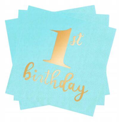 Serwetki Papierowe na Roczek NIEBIESKIE Turkusowe Złoty Napis Dekoracje 10 szt.