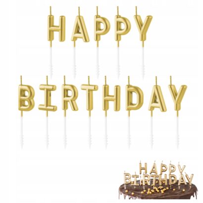 Świeczki na Tort Dekoracje Urodziny ZŁOTE Ozdoby Urodzinowe napis HAPPY BIRTHDAY