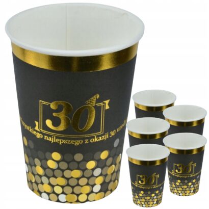 Kubki Papierowe Kubeczki Jednorazowe CZARNE ZŁOTE na 30 URODZINY Dekoracje