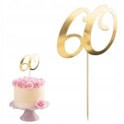 Topper na tort cyfra 60 – złota dekoracja tortu na 60 urodziny. Stylowy dodatek urodzinowy o wysokości 21 cm, idealny do eleganckich aranżacji.